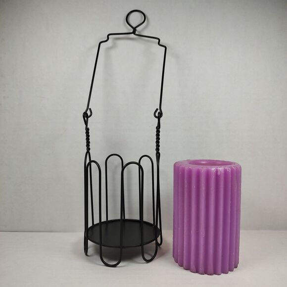 Purple Ribbed Pillar Candle Hanging Black Twisted Wire Holder Lantern Stand Used - Picture 3 of 12